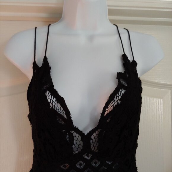Free People Adella Maxi Slip Dress S Black Boho Crochet Lace Ruffle Tiered S - Picture 3 of 16